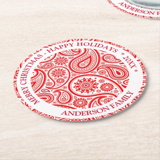 赤と白ヴィンテージペイズリーパターン ラウンドペーパーコースター (アングル)