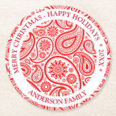 赤と白ヴィンテージペイズリーパターン ラウンドペーパーコースター (正面)