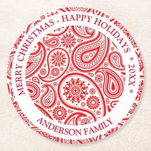赤と白ヴィンテージペイズリーパターン ラウンドペーパーコースター (正面)