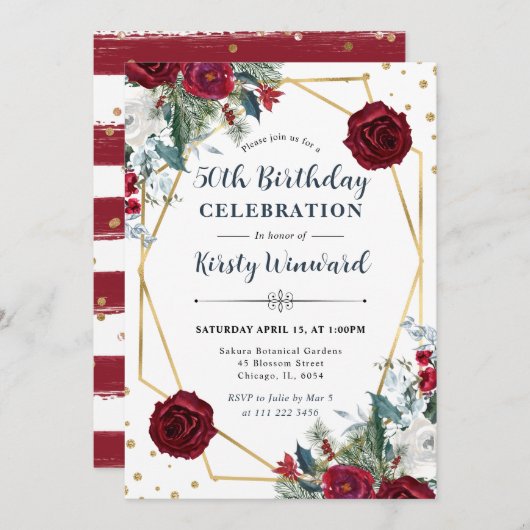 赤と白冬の花フレーム50誕生日 招待状 (正面/裏面)