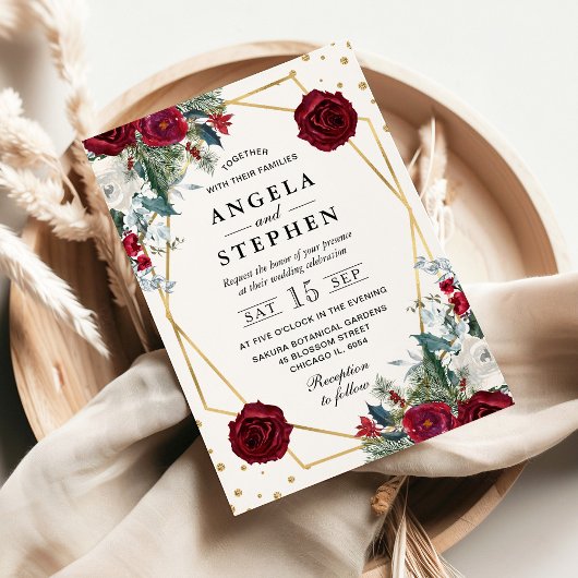 赤と白冬の花金ゴールド結婚枠 招待状