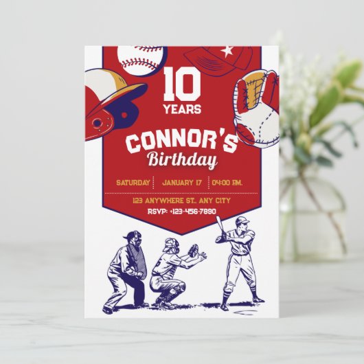 赤と白図解入りの、写真付きの生誕会 招待状 (スタンド正面)