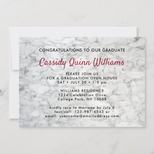 赤と白大理石クラス年卒業写真 招待状 (裏面)