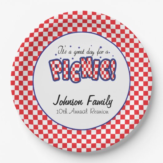 赤と白市松模様に角 |ピクニック ペーパープレート (正面)