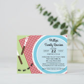 赤と白市松模様にTableclothファミリー懇親会 インビテーションポストカード (スタンド正面)