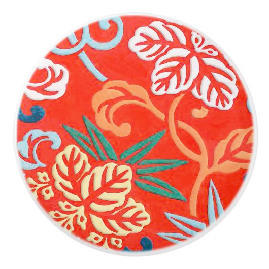 赤と白日本のなブロケード- セラミックノブ (正面)