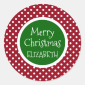 赤と白水玉模様と緑パーソナライズされた ラウンドシール (正面)