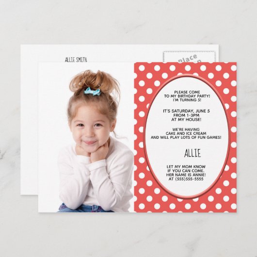 赤と白水玉模様誕生日フォト招待状 インビテーションポストカード (正面/裏面)