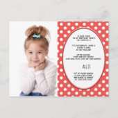 赤と白水玉模様誕生日フォト招待状 インビテーションポストカード (正面)