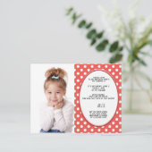 赤と白水玉模様誕生日フォト招待状 インビテーションポストカード (スタンド正面)
