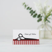 赤と白理容師ストライプヘアサロンはさみ 名刺 (スタンド正面)