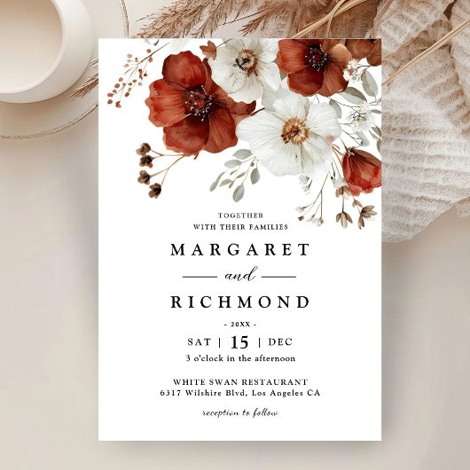 赤と白素朴の水色のフローラ結婚 招待状