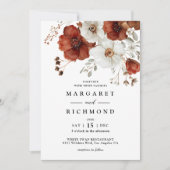 赤と白素朴の水色のフローラ結婚 招待状 (正面)