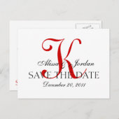 赤と白結婚モノグラム発表カード 案内ポストカード (正面/裏面)