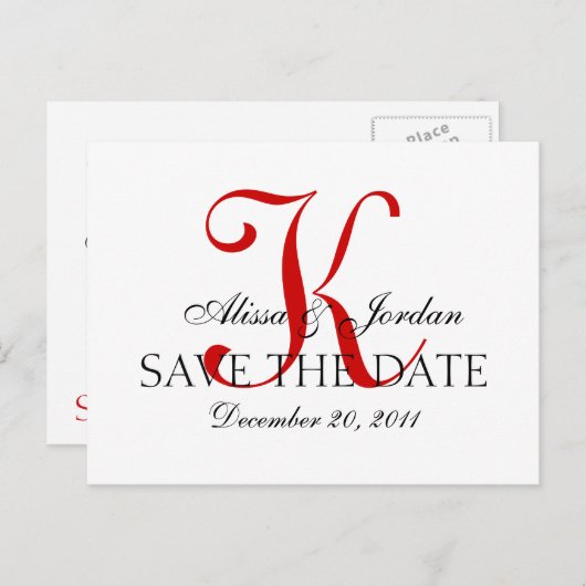 赤と白結婚モノグラム発表カード 案内ポストカード (正面/裏面)