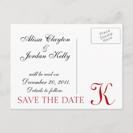 赤と白結婚モノグラム発表カード 案内ポストカード (裏面)