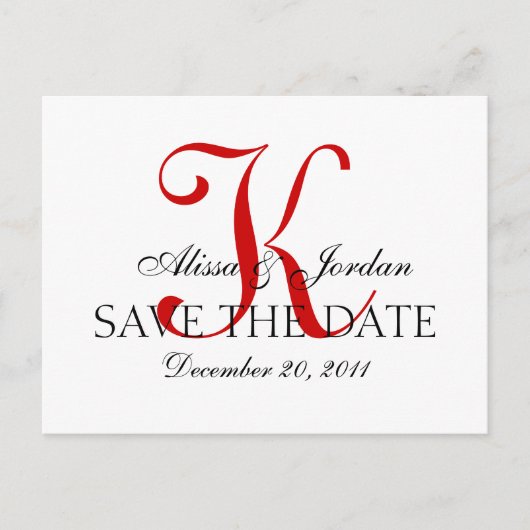 赤と白結婚モノグラム発表カード 案内ポストカード (正面)