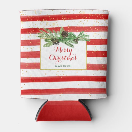 赤と白金ゴールドストライプと松の球根を持つ 缶クーラー (正面)