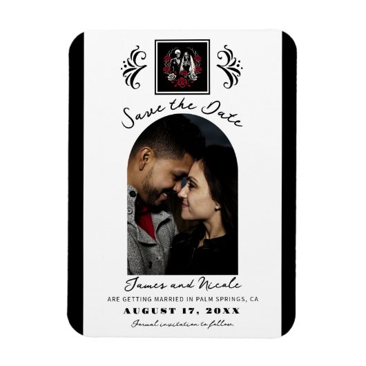 赤と白黒のバラスケルトン日付の保存 マグネット (縦)