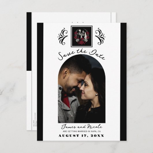 赤と白黒のバラスケルトン日付の保存 案内ポストカード (正面/裏面)