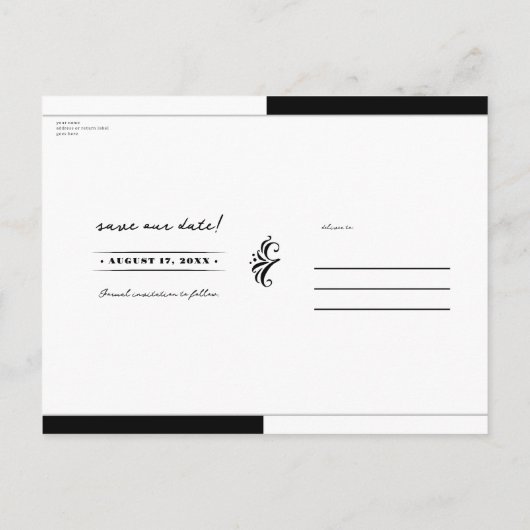 赤と白黒のバラスケルトン日付の保存 案内ポストカード (裏面)