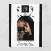 赤と白黒のバラスケルトン日付の保存 案内ポストカード (正面)