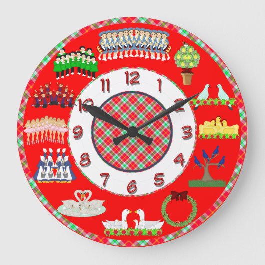 赤と白12日のクリスマスの時計 ラージ壁時計 (正面)