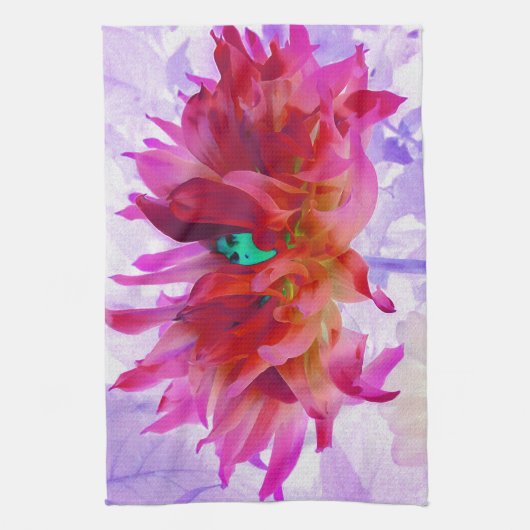 赤と素晴らし熱ピンクサボサボダリア キッチンタオル (縦)