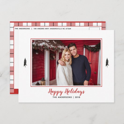 赤と素朴白のギンガムフランネルクリスマスツリー 案内ポストカード (正面/裏面)