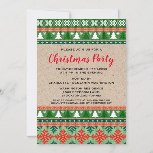 赤と素朴緑のクリスマスの醜いセーターパーティー 招待状 (正面)