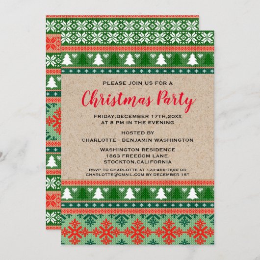 赤と素朴緑のクリスマスの醜いセーターパーティー 招待状 (正面/裏面)