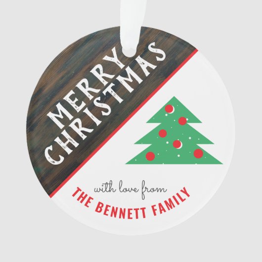 赤と素朴緑のクリスマスツリーファミリーホリデー オーナメント (正面)