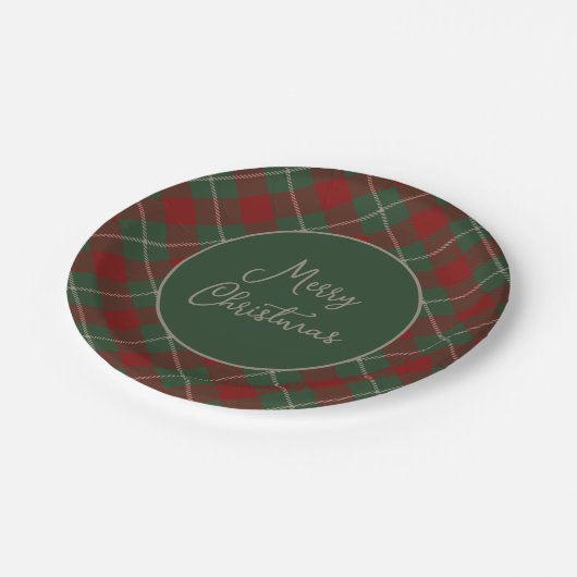 赤と素朴緑のタータンチェック格子模様クリスマス ペーパープレート (アングル)