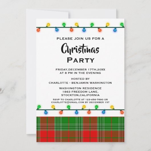 赤と素朴緑のプレイドクリスマスパーティーインビタティ 招待状 (正面)
