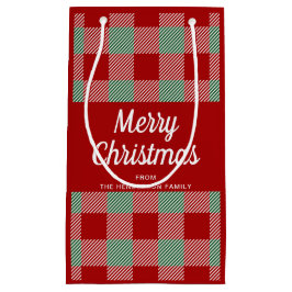 赤と素朴緑の格子模様のクリスマス スモールペーパーバッグ