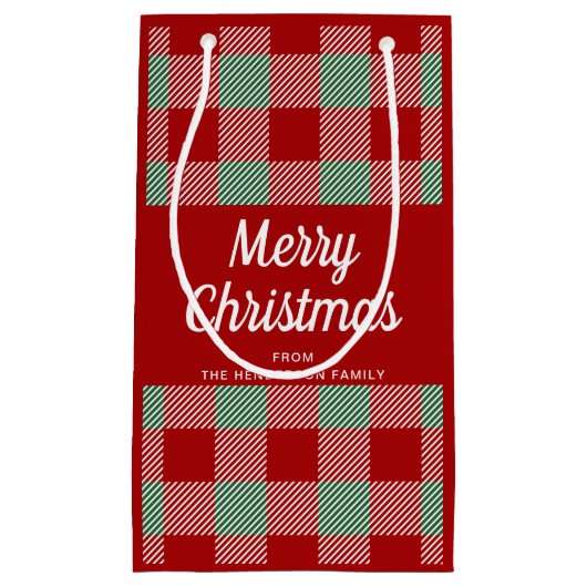 赤と素朴緑の格子模様のクリスマス スモールペーパーバッグ (正面)
