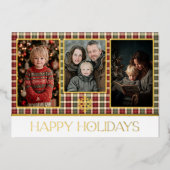 赤と素朴緑の格子模様ハッピーホリデーズ写真 箔シーズンカード (正面)