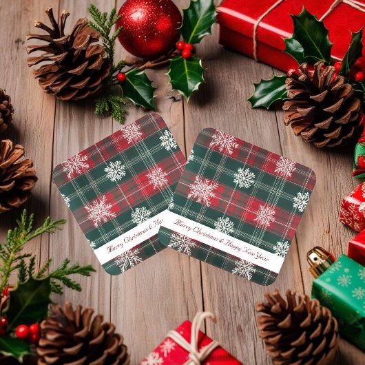 赤と素朴緑の雪片パターンホリデー スクエアペーパーコースター