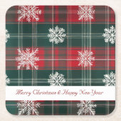 赤と素朴緑の雪片パターンホリデー スクエアペーパーコースター (正面)
