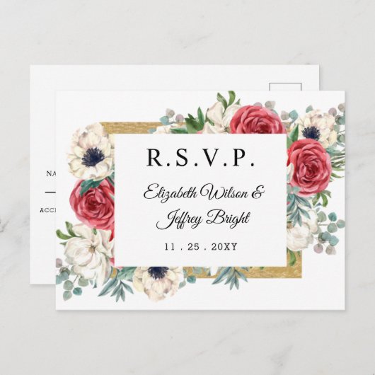 赤と素朴金ゴールドフローラウェディングRSVP インビテーションポストカード (正面/裏面)