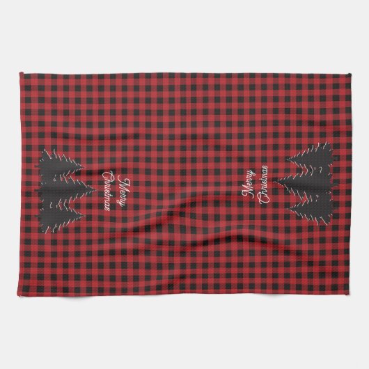 赤と素朴黒のバッファローの格子状のクリスマスツリー キッチンタオル (横)
