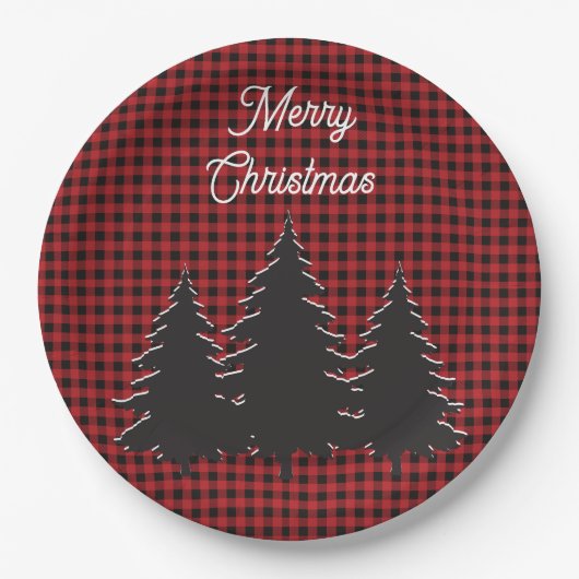 赤と素朴黒のバッファローの格子状のクリスマスツリー ペーパープレート (正面)