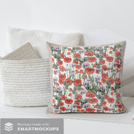 赤と紫のケシの柄 クッション