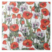 赤と紫のケシの柄 タイル (正面)