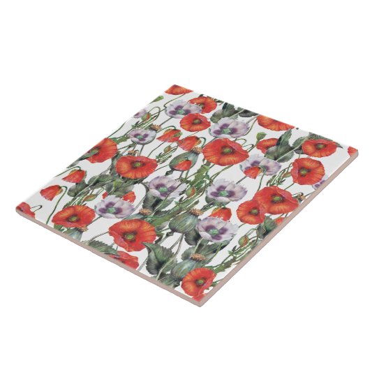 赤と紫のケシの柄 タイル (側面)