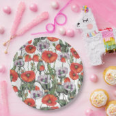 赤と紫のケシの柄 ペーパープレート (パーティー)