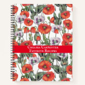赤と紫のケシ柄のパーソナライズされたレシピ ノートブック (正面)