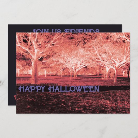 赤と紫のハローウィンパーティ怖い森 招待状 (正面/裏面)
