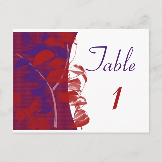 赤と紫のリーフデザインテーブル番号 ポストカード (正面)