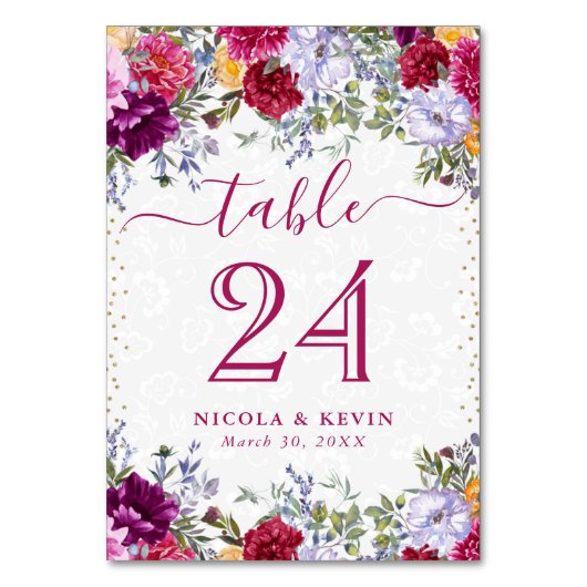 赤と紫の夏結婚の花 テーブルナンバー (正面)